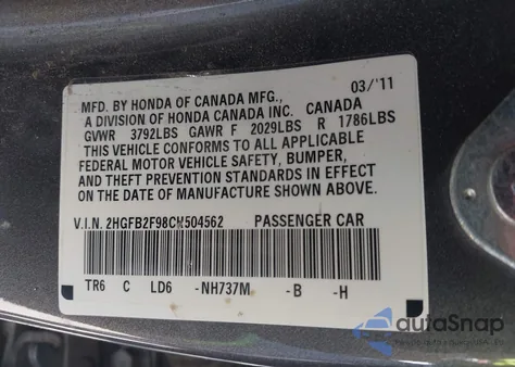 2012 Honda Civic Ex-L z USA, uszkodzony, nr VIN 2HGFB2F98CH504562